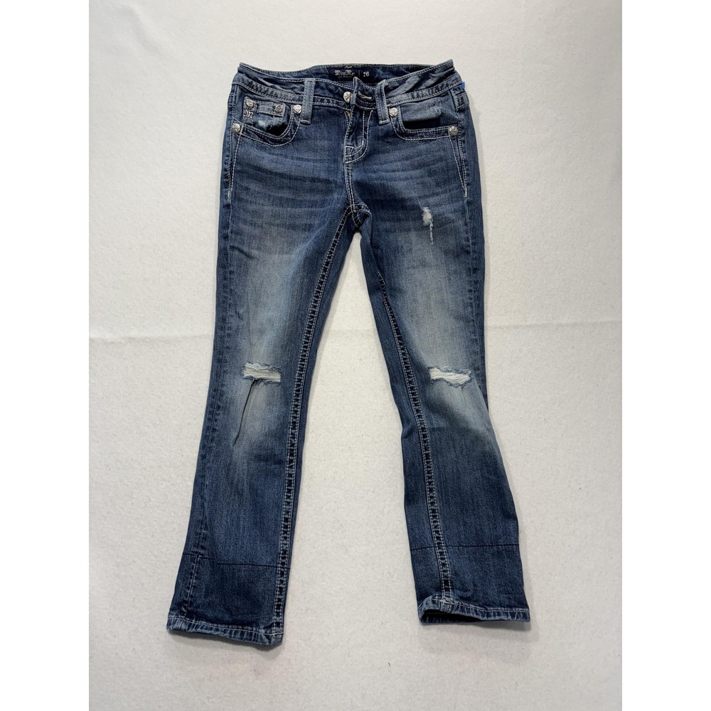 Miss Me Jeans Womens 26 Blue Medium Wash Mid Rise Capri Distressed Embroidered